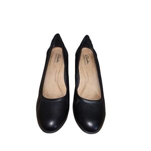 Clarks Collection Women's Black Leather Round Toe Block Heel Pumps Size 8.5